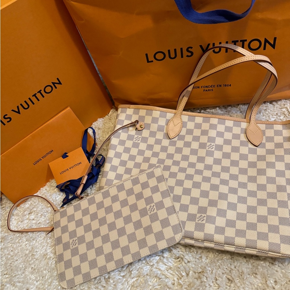 Louis Vuitton Damier Azur Beige Neverfull MM Tote Bag Medium Purse NEW